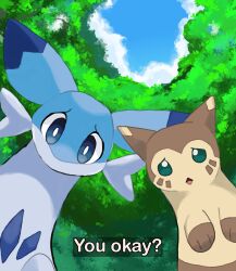 absurdres blue_fur blue_sky bright_pupils brown_fur chaoticdoodler chillet cloud crossover day english_text forest from_below furret gen_2_pokemon highres looking_at_viewer nature nintendo outdoors pal_(creature) palworld pokemon pokemon_(creature) sky solo tree two-tone_fur white_pupils