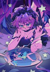2girls alien_stage angel_wings barefoot black_choker black_dress black_hair black_hairband black_liquid blush breasts choker cleavage closed_mouth collarbone demon_wings dress expressionless fork frilled_hairband frills green_eyes hairband highres large_breasts licking_lips looking_at_viewer looking_down lying mini_person minigirl mizi_(alien_stage) multiple_girls nyamen_ramen on_back on_stomach plate purple_hair short_hair sleeveless sleeveless_dress smile strap_slip sua_(alien_stage) tongue tongue_out white_dress wings