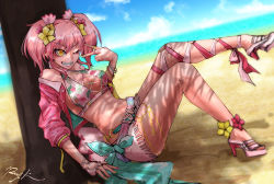 1girl against_tree ankle_lace-up artist_name bare_shoulders beach belt bikini breasts chain commentary_request cropped_jacket eyes_visible_through_hair fingerless_gloves flower full_body gloves grin hair_between_eyes hair_flower hair_ornament high_heels idolmaster idolmaster_cinderella_girls jacket jougasaki_mika looking_at_viewer medium_breasts navel off_shoulder one_eye_closed open_clothes open_jacket pink_gloves pink_hair pink_shoes print_bikini ray-k sand shoes single_glove sitting smile solo stomach swimsuit teeth tree twintails v wings yellow_eyes