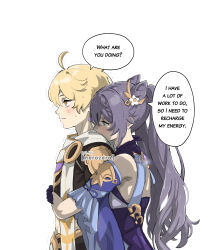 1boy 1girl absurdres aether_(genshin_impact) ahoge artist_name bare_shoulders blonde_hair blush braid cone_hair_bun detached_sleeves double_bun dress english_text from_side genshin_impact hair_bun head_on_another&#039;s_shoulder highres hug hug_from_behind keqing_(genshin_impact) long_hair nerozero purple_hair scarf simple_background sweat twintails upper_body very_long_hair vision_(genshin_impact) watermark white_background