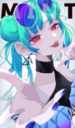 1girl absurdly_long_hair antenna_hair aqua_hair black_choker blue_nails choker earrings fangs fingernails gem goma_irasuto green_hair highres jewelry long_hair applying_manicure nail_polish original pink_eyes signature tongue tongue_out very_long_hair