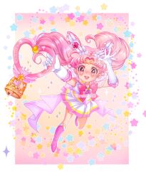 1girl :d artist_name bell bishoujo_senshi_sailor_moon blush boots chibi_usa crescent crescent_moon crystal_carillon double_bun elbow_gloves gloves hair_bun hair_ornament hands_up moon open_mouth pink_background pink_boots pink_eyes pink_hair pink_sailor_collar sailor_chibi_moon sailor_collar sailor_senshi_uniform see-through_clothes see-through_sleeves short_sleeves smile star_(symbol) super_sailor_chibi_moon teruhii