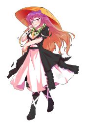 1girl ajirogasa bead_necklace beads black_boots boots dairi defeat dress full_body gradient_hair hat highres hijiri_byakuren jewelry multicolored_hair necklace prayer_beads puffy_short_sleeves puffy_sleeves purple_eyes purple_hair short_sleeves solo tachi-e touhou two-tone_hair white_dress