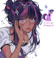 Rule 34 | 1girl, aegyo sal, arm tattoo, artist name, black hair, black nails, blush, bright pupils, brown-framed eyewear, character name, cheek tattoo, closed mouth, commentary, cutie mark, dark-skinned female, dark skin, ear piercing, english commentary, eyebrows hidden by hair, eyelashes, glasses, gold necklace, hair bun, halftone, hand up, high-waist skirt, jewelry, lips, looking at viewer, mole, mole under mouth, multicolored hair, my little pony, my little pony: friendship is magic, nail polish, necklace, piercing, pink hair, plaid clothes, plaid skirt, puffy short sleeves, puffy sleeves, purple eyes, purple hair, purple skirt, semi-rimless eyewear, shirt, short hair with long locks, short sleeves, sidelocks, simple background, single hair bun, skirt, solo, sparkle, star-shaped pupils, star (symbol), streaked hair, sweatdrop, swept bangs, symbol-shaped pupils, tattoo, tuna.biodegradable, twilight sparkle, upper body, upturned eyes, very dark skin, white background, white pupils, white shirt