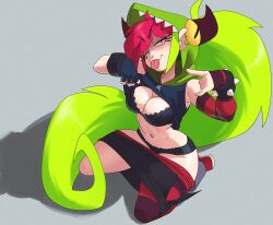 Rule 34 | 1girl, :p, absurdres, animal hood, asymmetrical gloves, bare shoulders, black bra, black gloves, black panties, bra, bracelet, breasts, demencia, fingerless gloves, gloves, green hair, grey background, heterochromia, highres, hood, inker comics, jewelry, long hair, looking at viewer, multicolored hair, navel, panties, pantyhose, red hair, red pantyhose, shadow, simple background, skirt, solo focus, spiked bracelet, spikes, striped clothes, striped pantyhose, tongue, tongue out, two-tone hair, underwear, uneven gloves, villainous