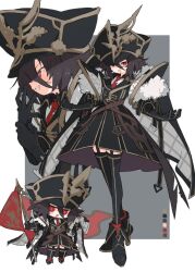 Rule 34 | 1girl, black dress, black gloves, black hair, black thighhighs, boots, chibi, chibi inset, coat, commission, dress, flag, full body, fur trim, gloves, gold trim, gun, hair between eyes, hand to own mouth, happy, hat, high heels, holding, holding flag, holding gun, holding weapon, kasa (hitori sanka), laughing, looking at viewer, making-of available, necktie, open mouth, original, red eyes, rifle, short hair, simple background, skeb commission, skirt, smile, solo, thighhighs, weapon