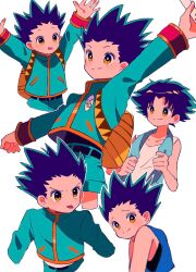 1boy arms_up backpack bag bare_shoulders black_hair blue_tank_top brown_eyes closed_mouth collarbone commentary_request cropped_legs cropped_torso gon_freecss green_jacket green_shorts highres hunter_x_hunter jacket long_sleeves male_focus multiple_views orange_trim sanamaru_(sana79261827) shirt shorts simple_background sleeve_cuffs smile spiked_hair tank_top tongue tongue_out towel towel_around_neck v-neck v-shaped_eyebrows white_background white_shirt