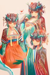 1girl :o alternate_costume alternate_hair_length alternate_hairstyle arknights arm_up black_hair blunt_bangs breasts brown_background chinese_clothes cleavage closed_mouth collarbone colored_extremities commentary dragon_girl dragon_horns dragon_tail dress dusk_(arknights) earrings english_commentary flower green_hair hair_flower hair_ornament hanfu heart highres horns jewelry large_breasts long_sleeves looking_ahead looking_at_viewer multicolored_hair multiple_views nikov orange_dress orange_eyes parted_lips red_flower scoop_neck short_hair simple_background smile spoken_heart streaked_hair tail tassel tassel_earrings wide_sleeves