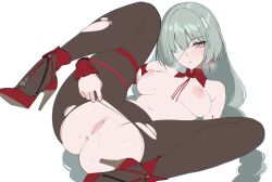 1girl anus ass ateoyh bandage_over_one_eye bdsm black_pantyhose bondage bound breasts breath collar commentary earrings flat_color grey_hair high_heels highres jewelry long_hair lying medium_breasts navel nipples on_back pantyhose phrolova_(wuthering_waves) pussy red_collar red_shoes shibari shoes simple_background solo spread_legs stomach sweat topless_female torn_clothes torn_pantyhose uncensored very_long_hair white_background wuthering_waves
