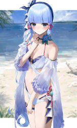 1girl alternate_costume ayaka_(genshin_impact) bare_shoulders beach blue_choker blue_eyes blue_flower blunt_bangs blunt_tresses blurry blurry_background blush breasts choker cleavage closed_mouth cowboy_shot ebiri_fy flower flower_knot frilled_sleeves frills genshin_impact hair_ribbon halterneck hand_up hibiscus highres legs_together long_hair looking_at_viewer medium_breasts mole mole_under_eye navel o-ring ocean open_clothes open_shirt outdoors ribbon sand see-through_clothes see-through_sleeves short_sleeves solo standing stomach thigh_strap tress_ribbon vision_(genshin_impact) white_hair wide_sleeves