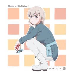 1girl blue_jacket blush boots box breasts christmas_elf eila_ilmatar_juutilainen gift gift_box hand_on_own_chin happy_birthday highres holding jacket long_hair looking_at_viewer medium_breasts military military_uniform nohoro pantyhose squatting strike_witches white_boots white_hair white_pantyhose world_witches_series