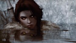 1girl 3d brown_hair freckles glowing glowing_eyes highres looking_at_viewer original partially_submerged reflection reflective_water solo vipermini141 water yellow_eyes