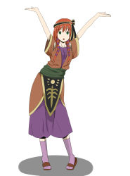 1girl bare_arms blue_sash blush breasts chrono_cross cleavage clenched_hands closed_eyes clothes_lift dress facing_another fantasy female_focus full_body furrowed_brow gem green_eyes hair_ornament hair_ribbon hairband highres jewelry leena_(chrono_cross) lifting_another&#039;s_clothes long_hair looking_at_viewer medium_breasts orange_hair purple_ribbon red_hair ribbon sash sidelocks simple_background sketch skirt skirt_lift smile solo standing straight_hair swept_bangs thin_(suzuneya) white_background wrists_extended