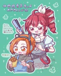 a.i._voice absurdres adachi_rei alternate_costume alternate_hairstyle aqua_background blue_overalls bracelet braid chicken_(food) dress food fried_chicken grey_dress grey_shirt hair_ribbon hair_straightener headphones highres holding holding_food holding_hair_straightener jewelry kasane_teto long_sleeves open_mouth orange_eyes orange_hair overalls red_eyes red_hair ribbon shirt single_drill smile upper_body utau wadajima_isaki