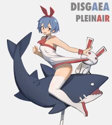 1girl absurdres animal_ear_hairband animal_ears annoyed baisebandaoti1 blue_hair breasts character_name clothes_pull commentary copyright_name detached_collar disgaea dress dress_pull fake_animal_ears fang hair_between_eyes hairband highres long_hair necktie open_mouth panties photo-referenced pleinair pointy_ears rabbit_ear_hairband rabbit_ears red_eyes red_footwear red_hairband red_necktie red_wrist_cuffs simple_background skin_fang small_breasts solo straight_hair stuffed_animal stuffed_rabbit stuffed_toy thighhighs underwear usagi-san very_long_hair white_background white_dress white_panties white_thighhighs wrist_cuffs