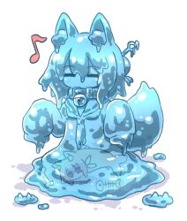 2girls ^_^ animal animal_ear_fluff animal_ears animalization bell blonde_hair blush closed_eyes collarbone eighth_note facing_viewer fish fish_skeleton fox_ears fox_girl fox_tail full_body hair_bun hair_ornament highres jingle_bell kemomimi-chan_(naga_u) long_sleeves monster_girl multiple_girls musical_note naga_u neck_bell necktie original puffy_long_sleeves puffy_sleeves purple_eyes sailor_collar shadow sidelocks simple_background sleeves_past_fingers sleeves_past_wrists slime_girl tail vore white_background