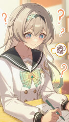 1girl ? black_hairband black_sailor_collar blue_eyes blurry blurry_background bow bowtie breasts buttons chinese_commentary classroom closed_mouth collarbone commentary_request double-breasted firefly_(honkai:_star_rail) firefly_(spring_missive)_(honkai:_star_rail) green_bow green_bowtie green_pupils grey_hair hairband highres holding holding_pen honkai:_star_rail honkai_(series) long_hair long_sleeves looking_down md5_mismatch medium_breasts paper pen sailor_collar school_uniform serafuku shirt signature so_zei_tama_tama solo spoken_squiggle squiggle sweatdrop upper_body white_shirt