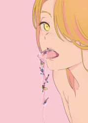 1girl alternate_body_fluid blonde_hair freckles hair_over_one_eye highres kayak long_hair looking_at_viewer mebae open_mouth original pink_background saliva simple_background surreal tongue tongue_out yellow_eyes