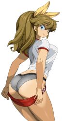 1girl :&gt; absurdres ass blue_eyes bow brown_hair buruma clothes_pull cowboy_shot crotch_seam grey_panties gym_shirt gym_uniform hair_between_eyes hair_bow highres long_hair looking_back m.u.g.e.n midriff oggy_(oggyoggy) original panties ponytail red_buruma ryuko_(oggyoggy) shirt short_sleeves smile solo sports_panties tagme transparent_background underwear undressing variant_set yellow_bow