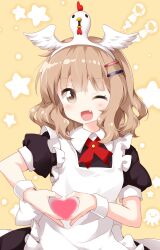 1girl ;d alternate_costume apron black_dress blush brown_eyes brown_hair commentary_request dress enmaided fang frilled_apron frills hair_ornament hairband hairclip heart heart_hands heart_in_heart_hands highres looking_at_viewer maid neck_ribbon one_eye_closed oomuro_sakurako open_mouth parallel_hairclips red_ribbon ribbon ruu_(tksymkw) short_hair short_sleeves smile solo star_(symbol) upper_body white_apron white_hairband yellow_background yuruyuri