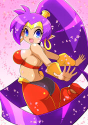 1girl ass blue_eyes breasts dark_skin earrings jewelry kittan_(cve27426) large_breasts long_hair looking_at_viewer looking_back open_mouth pointy_ears ponytail purple_hair shantae shantae_(series) sideboob smile solo tan