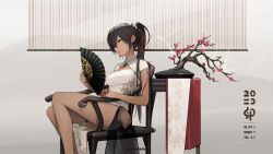 1girl 2023 alternate_costume armchair black_hair bonsai breasts chair china_dress chinese_clothes cleavage cleavage_cutout clothing_cutout dark-skinned_female dark_skin dress earrings feet_out_of_frame folding_fan genshin_impact hand_fan happy_new_year heitian_keji highres holding holding_fan jewelry long_hair looking_away medium_breasts multicolored_hair new_year parted_lips ponytail red_hair see-through_clothes short_sleeves sitting smile solo streaked_hair thighlet two-tone_hair white_dress xinyan_(genshin_impact) yellow_eyes