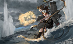 Rule 34 | 1girl, adapted turret, anchor symbol, ayanami (kancolle), ayanami kai ni (kancolle), black sailor collar, black skirt, day, hair ribbon, holding, holding turret, kantai collection, kuragare, long hair, miniskirt, ocean, outdoors, pleated skirt, ribbon, rigging, sailor collar, school uniform, serafuku, ship turret, side ponytail, skirt, smokestack, socks, solo, torpedo launcher, turret, very long hair