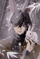 Rule 34 | 1boy, 1other, aegyo sal, animal, animal ears, animal on shoulder, black hair, black nails, black sweater, blue eyes, brown coat, coat, earrings, fingernails, hair between eyes, highres, jewelry, kazchiko, long fingernails, long hair, looking at viewer, male focus, multicolored eyes, original, rabbit, rabbit boy, rabbit ears, red eyes, red pupils, sweater, two-tone eyes