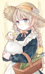 1girl animal apron basket bird blonde_hair blue_bow blue_dress blue_eyes blush bow braid buttons chin_strap closed_mouth collared_dress commentary cowboy_shot dot_nose dress duck floral_print flower frilled_apron frills hair_flower hair_ornament hat highres holding holding_animal long_hair long_sleeves looking_ahead orange_bow original puffy_long_sleeves puffy_sleeves smile solo straw_hat tententuyu tulip twin_braids wheat white_apron white_flower yellow_background yellow_flower yellow_tulip