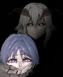 1boy 1girl antennae arthropod_girl black_background blue_eyes blue_hair commentary english_commentary genshin_impact grape_(grape05843924) green_eyes grey_hair hair_between_eyes indie_virtual_youtuber insect_girl juniper_actias looking_at_viewer monster_girl moth_girl pointy_ears scaramouche_(genshin_impact) simple_background virtual_youtuber