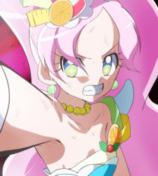 +_+ 10s 1girl angry armpits bare_shoulders clenched_teeth cure_parfait earrings female_focus food food-themed_hair_ornament green_eyes hair_ornament haruyama_kazunori jewelry kirahoshi_ciel kirakira_precure_a_la_mode long_hair magical_girl necklace parfait pink_hair ponytail precure solo teeth wakipai