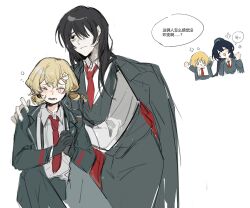 1boy 3girls black_coat black_eyes black_gloves black_hair black_pants chinese_text closed_mouth coat don_quixote_(project_moon) genderswap genderswap_(ftm) genderswap_(mtf) gloves highres hong_lu_(project_moon) jingshenhuanghu lapels limbus_company long_hair long_sleeves low_twintails multiple_girls necktie notched_lapels pants project_moon recursive_genderswap red_necktie simple_background sinclair_(project_moon) speech_bubble suspenders translation_request twintails white_background yellow_eyes yi_sang_(project_moon)
