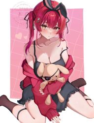 1girl animal_ears bare_shoulders black_camisole black_dress black_socks breasts camisole cleavage dress fake_animal_ears full_body fumina_natamin highres holding holding_stuffed_toy hololive houshou_marine jacket kneeling large_breasts long_hair off_shoulder rabbit_ears red_eyes red_hair red_jacket single_off_shoulder socks solo stuffed_toy tears twintails virtual_youtuber yellow_eyes