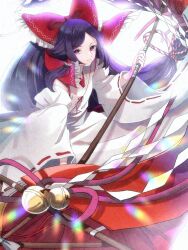 Rule 34 | 1girl, bell, black hair, bow, chihaya (clothing), foul detective satori, frills, gensokyo&#039;s first hakurei miko, hair bow, hair tubes, japanese clothes, jingle bell, long hair, looking at viewer, low-tied long hair, miko, mokoiscat, red bow, ribbon-trimmed sleeves, ribbon trim, sidelocks, solo, touhou, very long hair