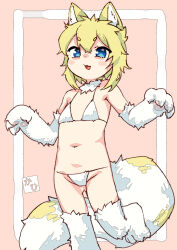 1girl animal_ears animal_feet animal_hands armpit_crease blonde_hair blue_eyes blush_stickers border claws commentary_request double-parted_bangs fang feet_out_of_frame flat_chest foot_up fur_bikini gloves gluteal_fold hands_up highres looking_at_viewer mabo9317 messy_hair navel neck_fur open_mouth original outside_border paw_gloves pink_background short_hair spotted_tail standing standing_on_one_leg tail white_border wolf_ears wolf_girl wolf_tail