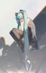 1girl aqua_eyes aqua_hair black_sleeves closed_mouth detached_sleeves full_body grey_shirt hatsune_miku highres long_hair looking_at_viewer number_tattoo openvl shirt sitting sleeveless sleeveless_shirt solo tattoo twintails very_long_hair vocaloid