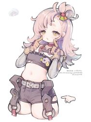 1girl black_shorts black_tube_top blonde_hair blush breasts choker cowboy_shot detached_sleeves disembodied_hand earrings finger_to_cheek gloves goggles goggles_around_neck green_eyes hair_bun highres jewelry long_hair looking_at_viewer midriff navel o3o piper_wheel pointing poponnu red_choker short_eyebrows shorts simple_background single_earring small_breasts solo spiked_shirt strap_slip strapless temporal_hairline thick_thighs thighs tube_top white_background yellow_gloves zenless_zone_zero