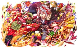 1boy 1other alternate_costume animal_print artist_request belial_(crash_fever) belt bird_print black_belt black_haori black_kimono black_sleeves boots cel_shading crash_fever driving floral_print flower from_above full_body game_cg grey_hair grey_pants hand_fan haori haori_on_shoulders holding holding_fan horns japanese_clothes jewelry kimono long_sleeves male_focus motor_vehicle motorcycle multicolored_hair number_print numbered official_alternate_costume official_art on_motorcycle one_eye_closed open_mouth outline pants pink_flower red_flower red_hair red_outline ring sharp_teeth short_hair solo_focus square square_print streaked_hair tachi-e tassel teeth third-party_source tongue transparent_background tree_print wheel white_flower wide_sleeves