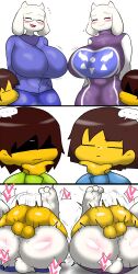 2boys 2girls absurdres all_fours animal_ears ass blush breasts brown_hair closed_eyes colored_skin enigi09 frisk_(undertale) heart highres horns huge_ass huge_breasts interspecies kris_(deltarune) looking_at_viewer lying mating_press mature_female medium_hair mother_and_son multiple_boys multiple_girls on_person open_mouth sex sex_from_behind size_difference speech_bubble tail testicles toriel undertale white_skin yellow_skin