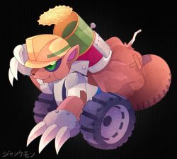 cannon claws digimon green_eyes helmet highres junkmon raccoon wheel