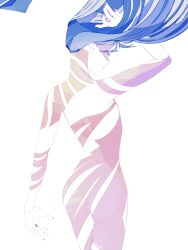 Rule 34 | 1other, arm up, blue hair, blue nails, closed eyes, colored skin, completely nude, floating hair, from behind, highres, houseki no kuni, lapis lazuli (houseki no kuni), long hair, mt5 014, nude, other focus, shadow, simple background, solo, very long hair, white background, white skin