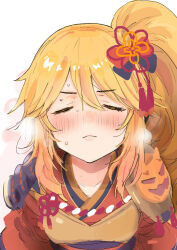 Rule 34 | 1girl, arm guards, armor, blonde hair, blush, breastplate, closed eyes, hair ornament, incoming kiss, ito ryo, japanese clothes, ninja, ninon (princess connect!), princess connect!, side ponytail, solo, sweat