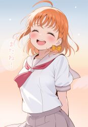 Rule 34 | 1girl, :d, ^ ^, absurdres, ahoge, blush, braid, breasts, closed eyes, collarbone, commentary request, daito (daitooekakiaka), facing viewer, grey sailor collar, grey skirt, highres, love live!, love live! sunshine!!, medium breasts, medium hair, neckerchief, open mouth, pleated skirt, red neckerchief, sailor collar, school uniform, serafuku, shirt, short sleeves, side braid, skirt, smile, solo, summer uniform, takami chika, teeth, translation request, upper teeth only, uranohoshi school uniform, white shirt