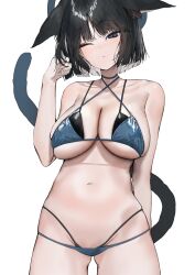 Rule 34 | 1girl, absurdres, animal ears, bikini, black bikini, black eyes, black hair, blue archive, blue bikini, blue halo, breasts, cat ears, cat girl, cat tail, cowboy shot, criss-cross straps, gradient tail, halo, highres, kikyou (blue archive), kikyou (swimsuit) (blue archive), large breasts, layered bikini, multi-strapped bikini bottom, navel, one eye closed, poharo, short hair, solo, swimsuit, tail, white background