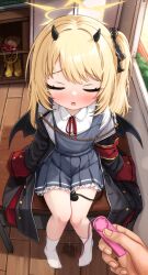 1girl absurdres asymmetrical_hair black_coat black_horns black_ribbon black_tail black_wings blonde_hair blue_archive blue_dress classroom closed_eyes coat collared_shirt commentary comodox demon_girl demon_horns demon_tail demon_wings desk dildo dress english_commentary flat_chest full_body hair_ribbon halo highres holding holding_sex_toy horns ibuki_(blue_archive) indoors large_variant_set loli long_sleeves neck_ribbon on_desk open_mouth paid_reward_available pinafore_dress pov pov_hands pussy_juice red_ribbon remote_control_vibrator ribbon sex_toy shirt side_ponytail sitting sleeveless sleeveless_dress sleeves_past_wrists socks solo_focus tail variant_set vibrator white_shirt white_socks wings yellow_halo