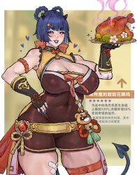 1girl absurdres armpits bare_shoulders belt black_gloves black_sclera blue_eyeshadow blue_hair blue_lips blue_nails bow braid braided_hair_rings breasts chicken_(food) chinese_clothes colored_sclera demon_horns demon_tail eyeshadow fingerless_gloves flower food fruit genshin_impact gloves gold hair_bow hair_ornament hair_rings hairclip heart highres holding holding_tray horns large_breasts lemon lipstick_mark looking_at_viewer makeup open_mouth plump short_hair smile tail thick_thighs thighs tiyuanpoli tray v-shaped_eyebrows xiangling_(genshin_impact) yellow_eyes