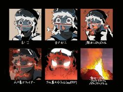 1boy anger_vein angry annoyed black_hat blue_skin breath_weapon breathing_fire colored_skin countryhumans fire flaming_mouth furious goggles goggles_on_headwear hat highres iceland_(countryhumans) icelandic_flag kashiwabiso open_mouth partially_translated pout progression translation_request volcano