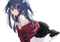 1girl :o all_fours artist_name bare_shoulders black_bow black_bowtie black_shoes black_skirt blue_hair bow bowtie center_frills cross-laced_clothes cross-laced_sleeves dress_shirt eluthel footwear_bow frills hair_bow idolmaster idolmaster_cinderella_girls jacket jacket_on_shoulders long_hair long_sleeves looking_at_viewer mary_janes open_mouth pantyhose pleated_skirt red_eyes red_jacket sajo_yukimi shirt shoe_soles shoes sidelocks skirt sleeveless sleeveless_shirt solo two_side_up white_background white_bow white_pantyhose white_shirt
