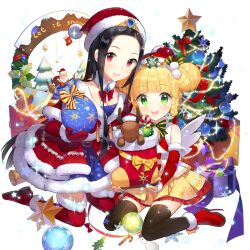 Rule 34 | 2girls, :d, angel wings, artoria pendragon (fate), bag, bare shoulders, bell, belt, black hair, blonde hair, blue bow, blue ribbon, blunt bangs, blush, boots, bow, box, breasts, brown gloves, candy, candy cane, capelet, character doll, choker, christmas, christmas ornaments, christmas tree, clarice lapis, cleavage, collar, collarbone, detached collar, detached sleeves, doll, double bun, dress, earrings, elbow gloves, flower, food, frills, full body, fur-trimmed boots, fur-trimmed dress, fur-trimmed gloves, fur-trimmed headwear, fur-trimmed skirt, fur-trimmed sleeves, fur trim, gift, gift box, gloves, green eyes, hair bun, hair ornament, hair ribbon, hair scrunchie, hat, high heel boots, high heels, holding, holly, jewelry, jingle bell, kneeling, long hair, long sleeves, looking at viewer, merry christmas, miniskirt, multiple girls, neck bell, open mouth, parted bangs, parted lips, pleated skirt, pom pom (clothes), print skirt, red bow, red dress, red eyes, red gloves, red ribbon, red skirt, reindeer, ribbon, saber (fate), sack, salt (salty), santa costume, santa hat, sapphire emerald, scarf, scrunchie, shirt, shoes, short dress, short hair, sidelocks, simple background, sitting, skirt, sleeveless, smile, snowflake print, snowflakes, snowman, sparkle, star (symbol), star hair ornament, star print, strapless, striped bow, stuffed animal, stuffed toy, tareme, teddy bear, thigh boots, thighhighs, tilted headwear, twintails, uchi no hime-sama ga ichiban kawaii, very long hair, wariza, white background, wings, zettai ryouiki