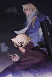 Rule 34 | 2boys, absurdres, ace attorney, apollo justice: ace attorney, black gloves, blonde hair, blue suit, brothers, cigarette, drill hair, formal clothes, glasses, gloves, guitar case, halftone, highres, holding, holding cigarette, instrument case, jacket, klavier gavin, kristoph gavin, male focus, multiple boys, scarf, semi-rimless eyewear, short hair, siblings, side drill, smirk, suit, suit jacket, sunglasses, swept bangs, white scarf, wogesb